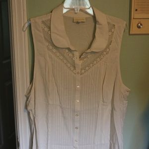 Beige Sleeveless Button Down with Lace Insert